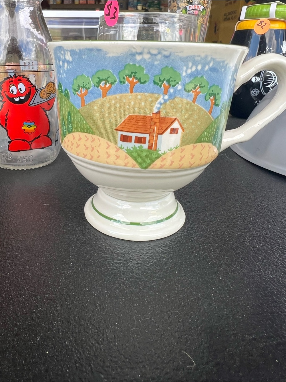 Scenic Countryside Pedestal Mug - White with Blue, Green and Tan Landscape